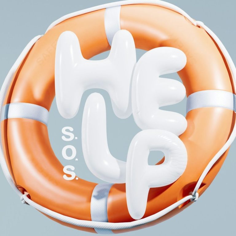 Psychotherapie: Hilfe bei Störungen Rettungsring mit der Aufschrift "HELP" in 3D-Optik auf blauem Hintergrund.